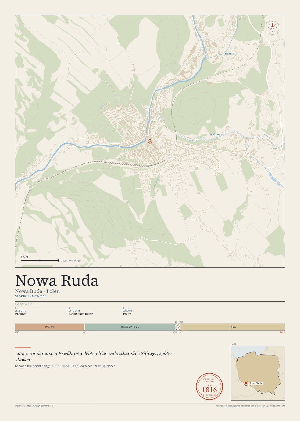 Vorschau des Kartenblatts von Nowa Ruda: oben der Stadtplan, unten Ortsname, Koordinaten und die Herrschaften des Ortes