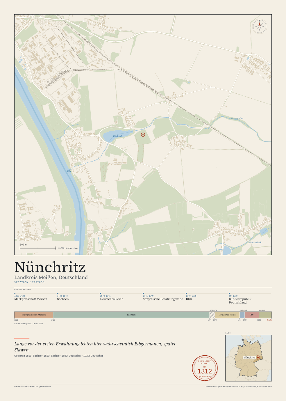 Vorschau des Kartenblatts von Nünchritz: oben der Stadtplan, unten Ortsname, Koordinaten und die Herrschaften des Ortes