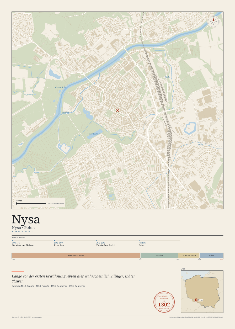 Vorschau des Kartenblatts von Nysa: oben der Stadtplan, unten Ortsname, Koordinaten und die Herrschaften des Ortes