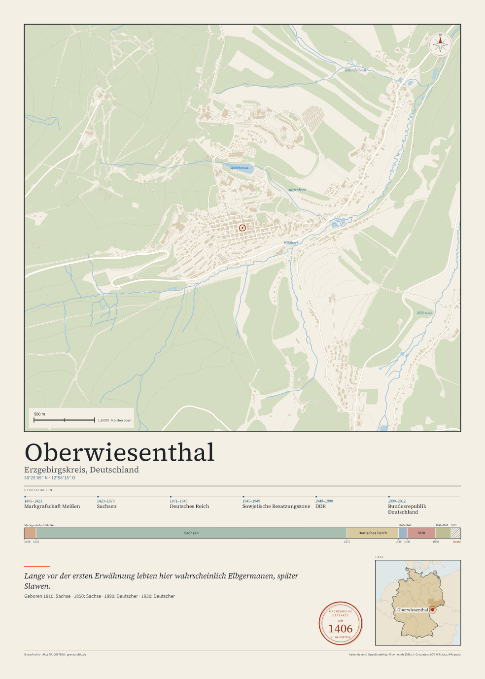 Vorschau des Kartenblatts von Oberwiesenthal: oben der Stadtplan, unten Ortsname, Koordinaten und die Herrschaften des Ortes