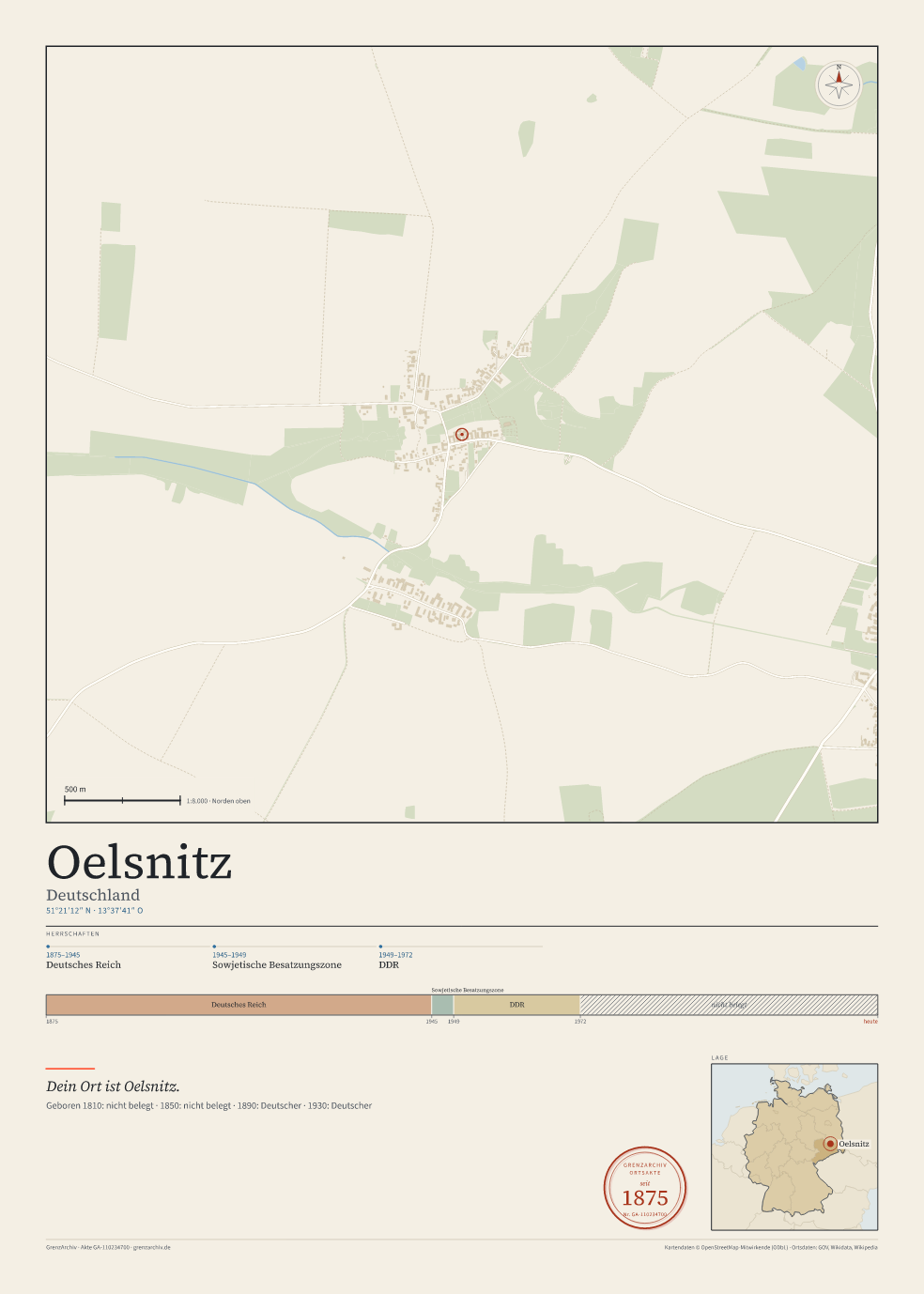 Vorschau des Kartenblatts von Oelsnitz: oben der Stadtplan, unten Ortsname, Koordinaten und die Herrschaften des Ortes