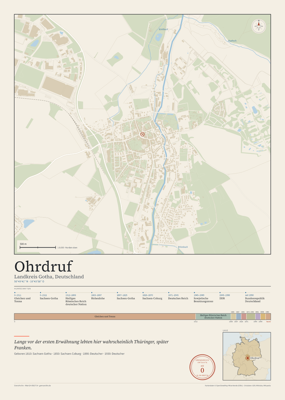 Vorschau des Kartenblatts von Ohrdruf: oben der Stadtplan, unten Ortsname, Koordinaten und die Herrschaften des Ortes