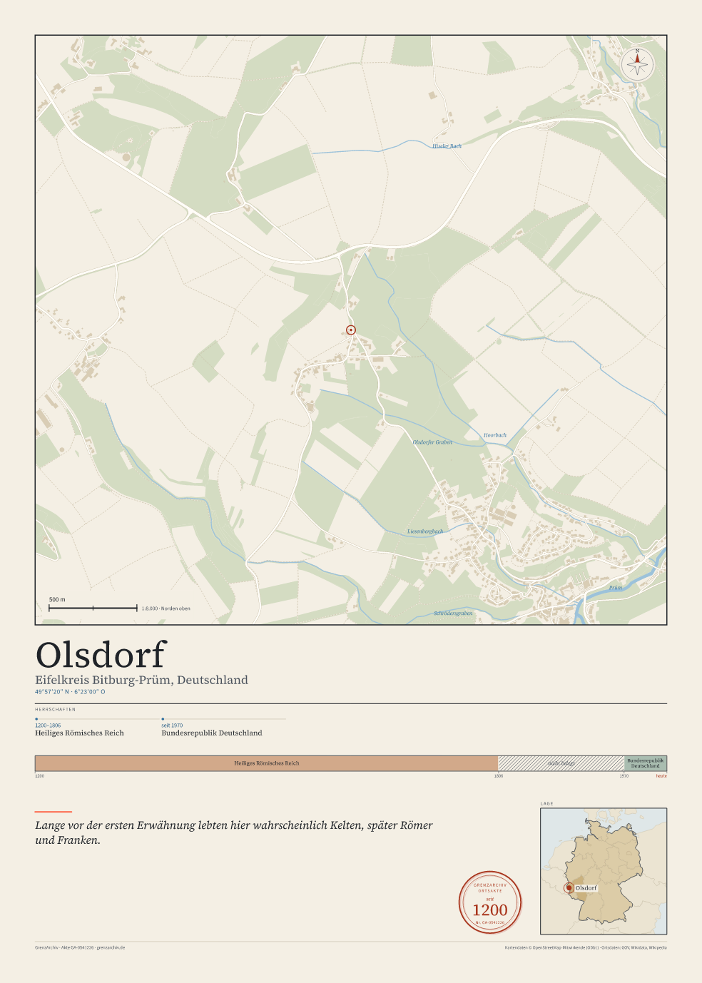 Vorschau des Kartenblatts von Olsdorf: oben der Stadtplan, unten Ortsname, Koordinaten und die Herrschaften des Ortes