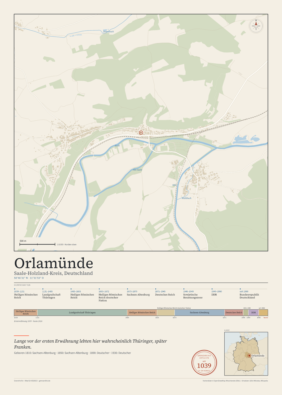 Vorschau des Kartenblatts von Orlamünde: oben der Stadtplan, unten Ortsname, Koordinaten und die Herrschaften des Ortes