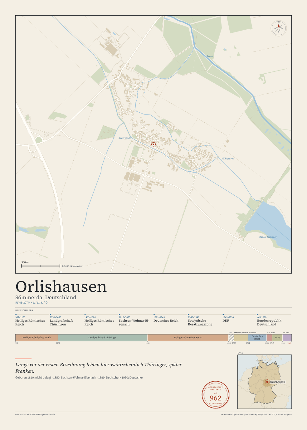 Vorschau des Kartenblatts von Orlishausen: oben der Stadtplan, unten Ortsname, Koordinaten und die Herrschaften des Ortes
