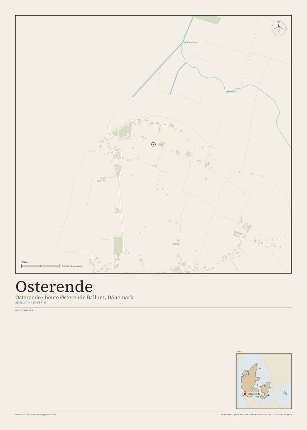 Vorschau des Kartenblatts von Osterende: oben der Stadtplan, unten Ortsname, Koordinaten und die Herrschaften des Ortes