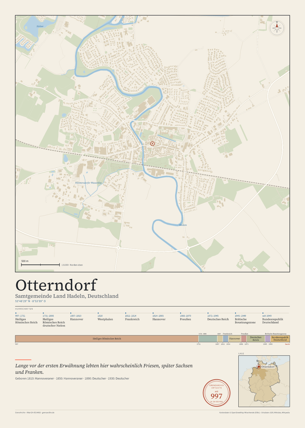 Vorschau des Kartenblatts von Otterndorf: oben der Stadtplan, unten Ortsname, Koordinaten und die Herrschaften des Ortes