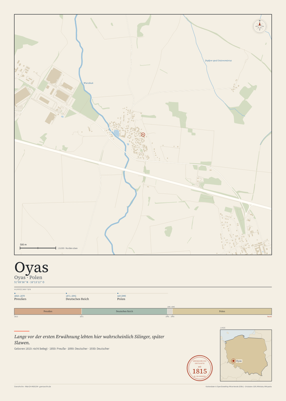 Vorschau des Kartenblatts von Oyas: oben der Stadtplan, unten Ortsname, Koordinaten und die Herrschaften des Ortes