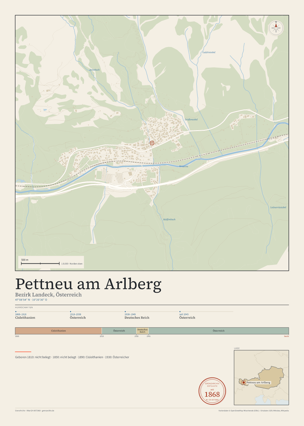 Vorschau des Kartenblatts von Pettneu am Arlberg: oben der Stadtplan, unten Ortsname, Koordinaten und die Herrschaften des Ortes