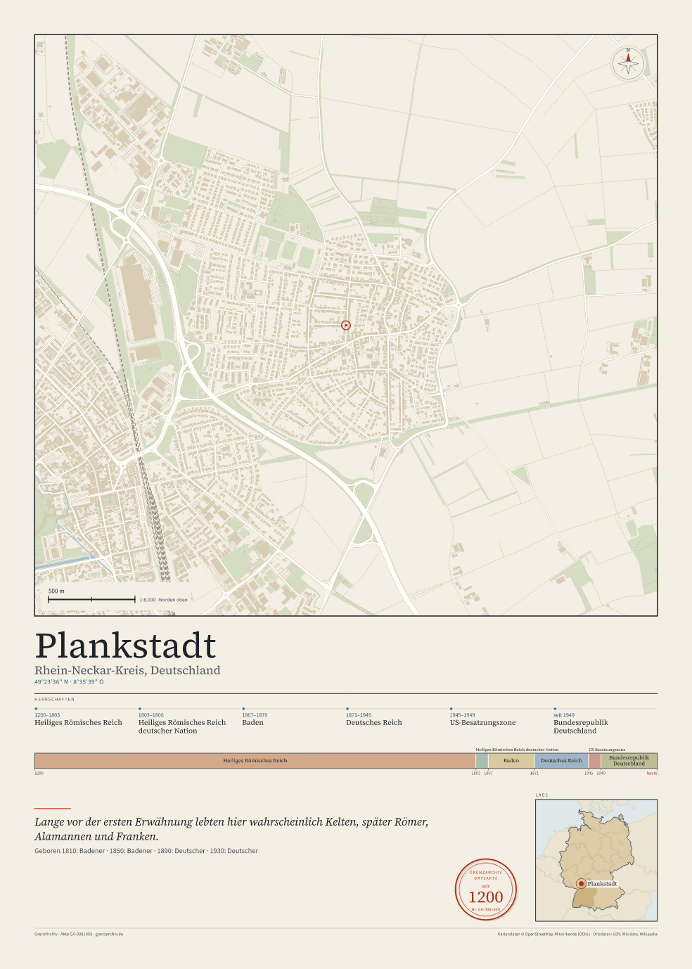 Vorschau des Kartenblatts von Plankstadt: oben der Stadtplan, unten Ortsname, Koordinaten und die Herrschaften des Ortes