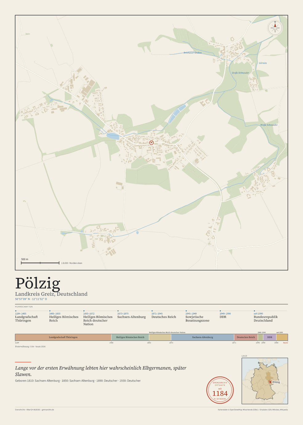 Vorschau des Kartenblatts von Pölzig: oben der Stadtplan, unten Ortsname, Koordinaten und die Herrschaften des Ortes