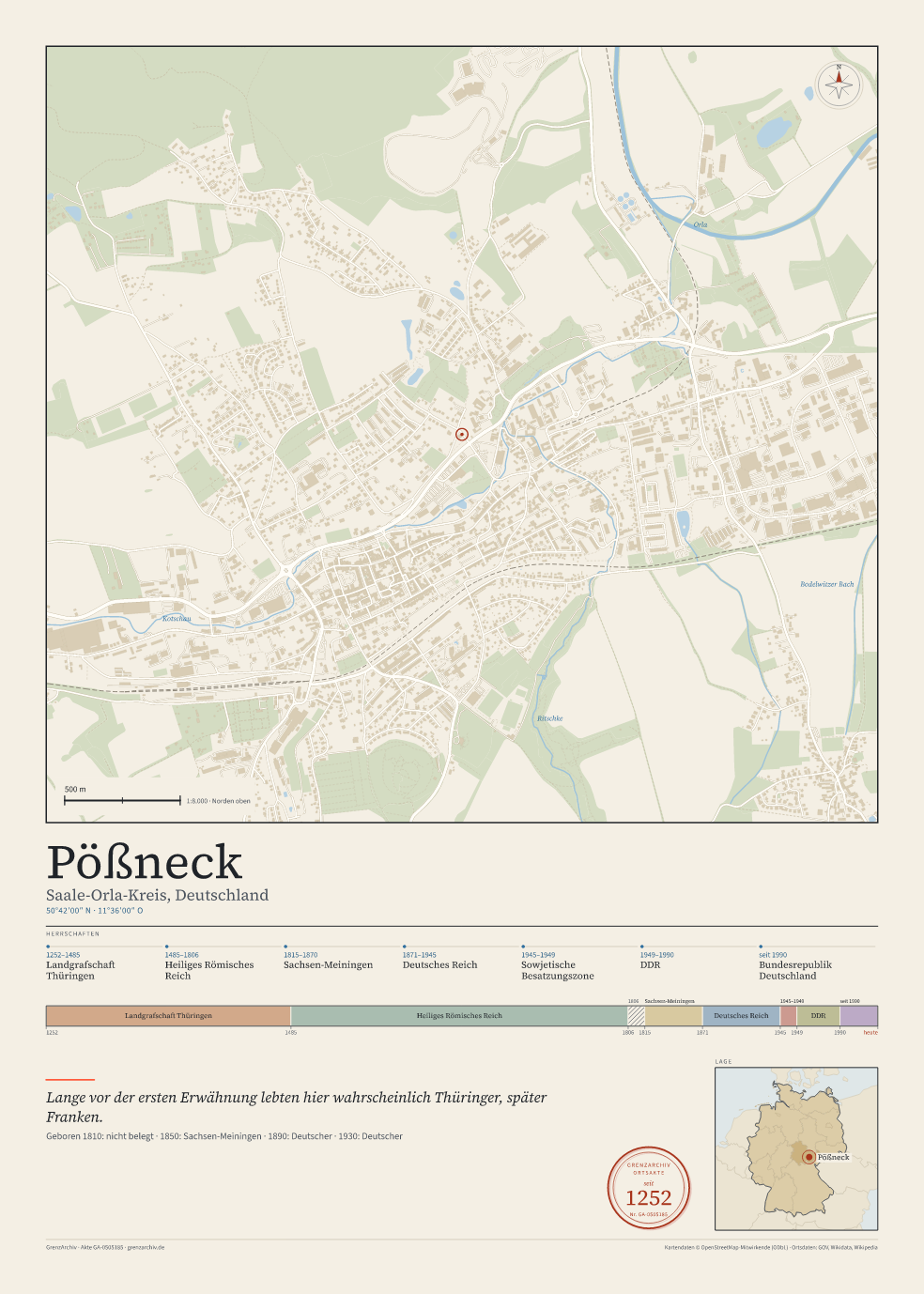 Vorschau des Kartenblatts von Pößneck: oben der Stadtplan, unten Ortsname, Koordinaten und die Herrschaften des Ortes