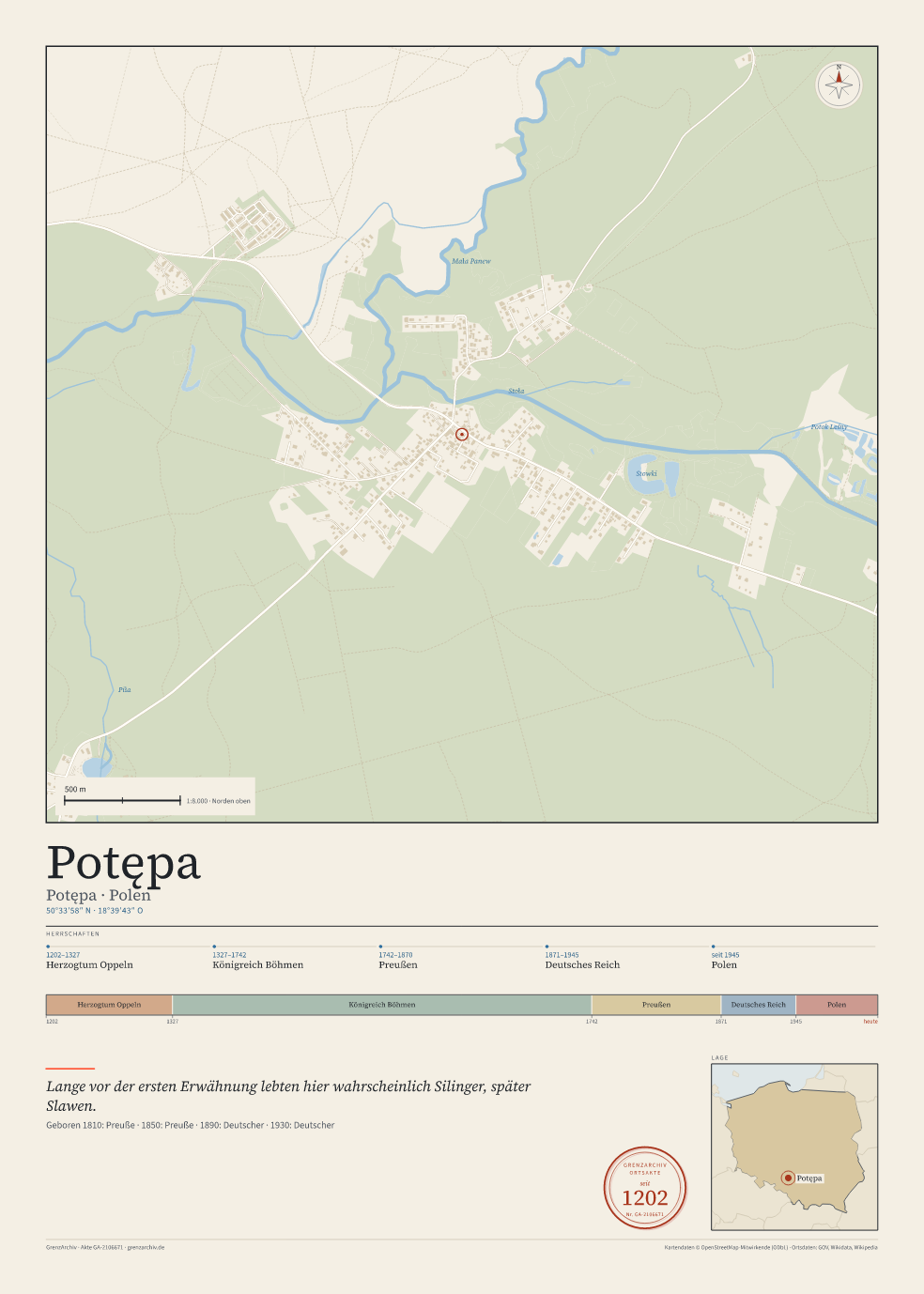 Vorschau des Kartenblatts von Potępa: oben der Stadtplan, unten Ortsname, Koordinaten und die Herrschaften des Ortes