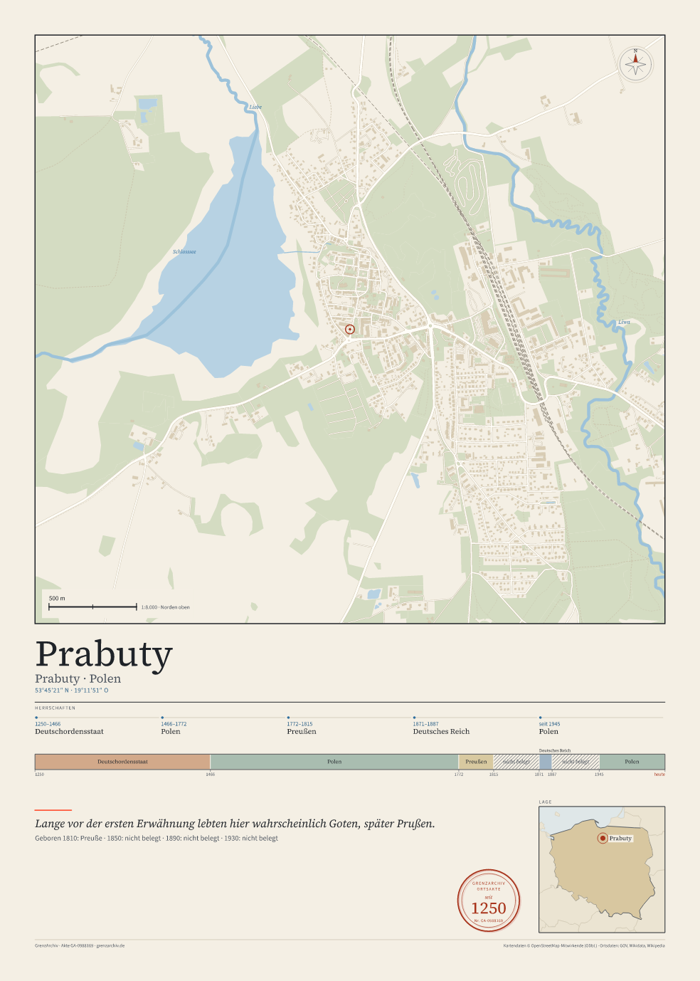 Vorschau des Kartenblatts von Prabuty: oben der Stadtplan, unten Ortsname, Koordinaten und die Herrschaften des Ortes