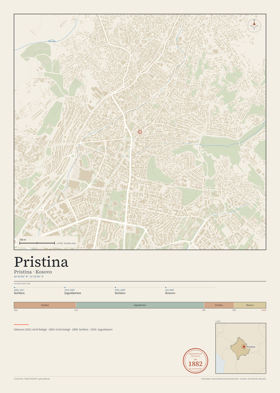 Vorschau des Kartenblatts von Pristina: oben der Stadtplan, unten Ortsname, Koordinaten und die Herrschaften des Ortes