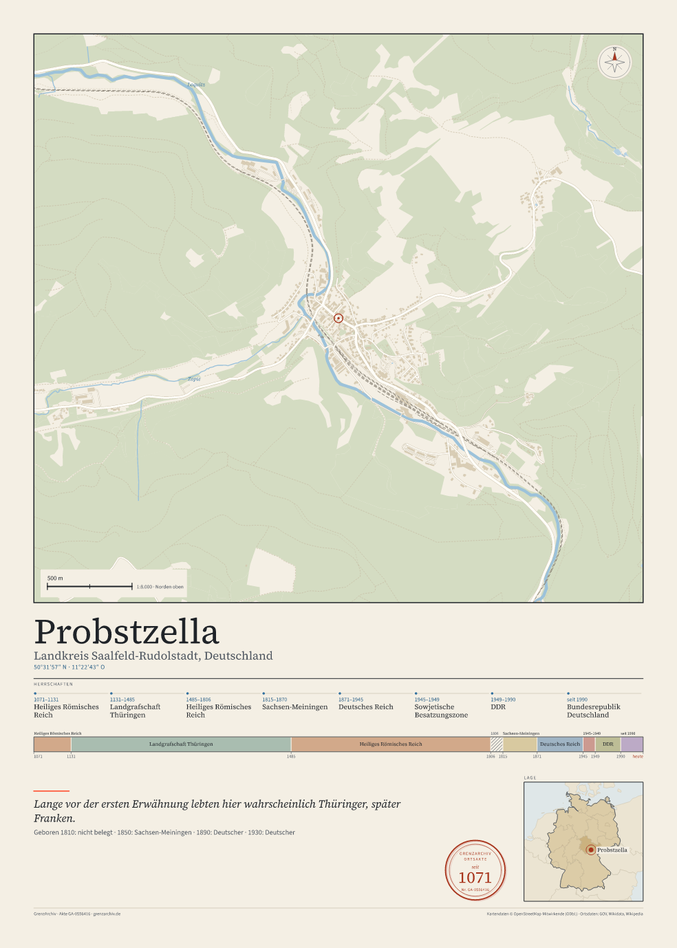 Vorschau des Kartenblatts von Probstzella: oben der Stadtplan, unten Ortsname, Koordinaten und die Herrschaften des Ortes