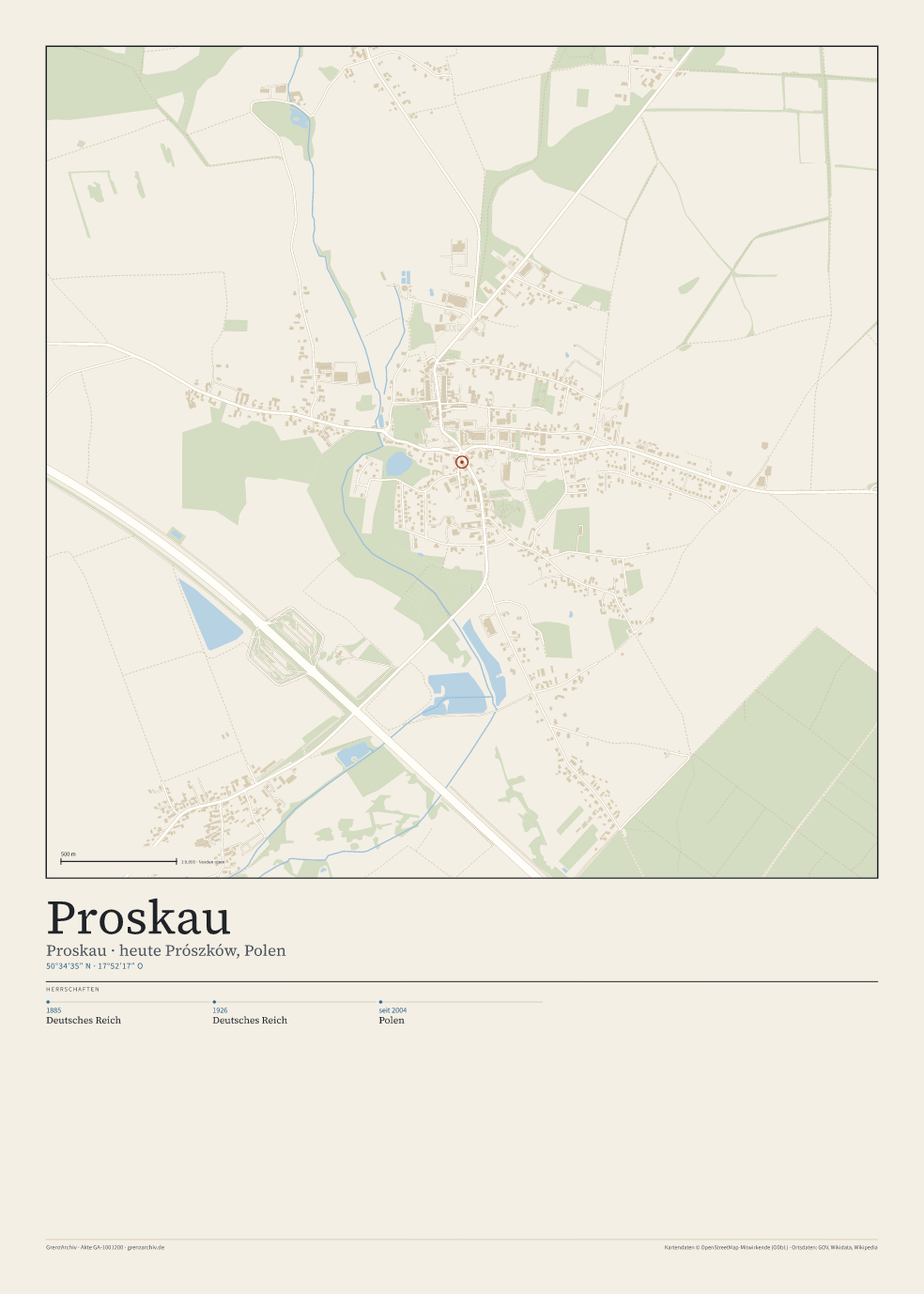 Vorschau des Stadtplan-Posters von Proskau: oben der Stadtplan, unten Ortsname, Koordinaten und die Herrschaften des Ortes