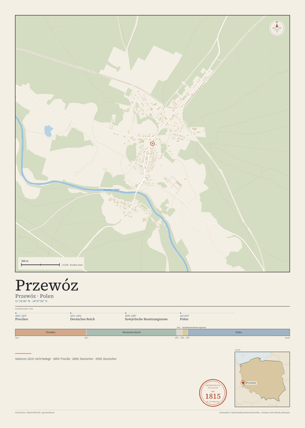 Vorschau des Kartenblatts von Przewóz: oben der Stadtplan, unten Ortsname, Koordinaten und die Herrschaften des Ortes