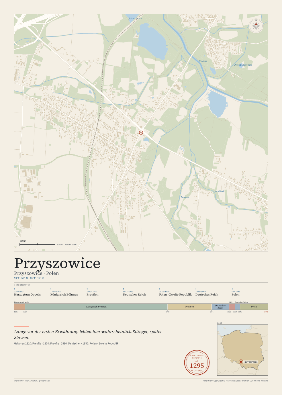 Vorschau des Kartenblatts von Przyszowice: oben der Stadtplan, unten Ortsname, Koordinaten und die Herrschaften des Ortes