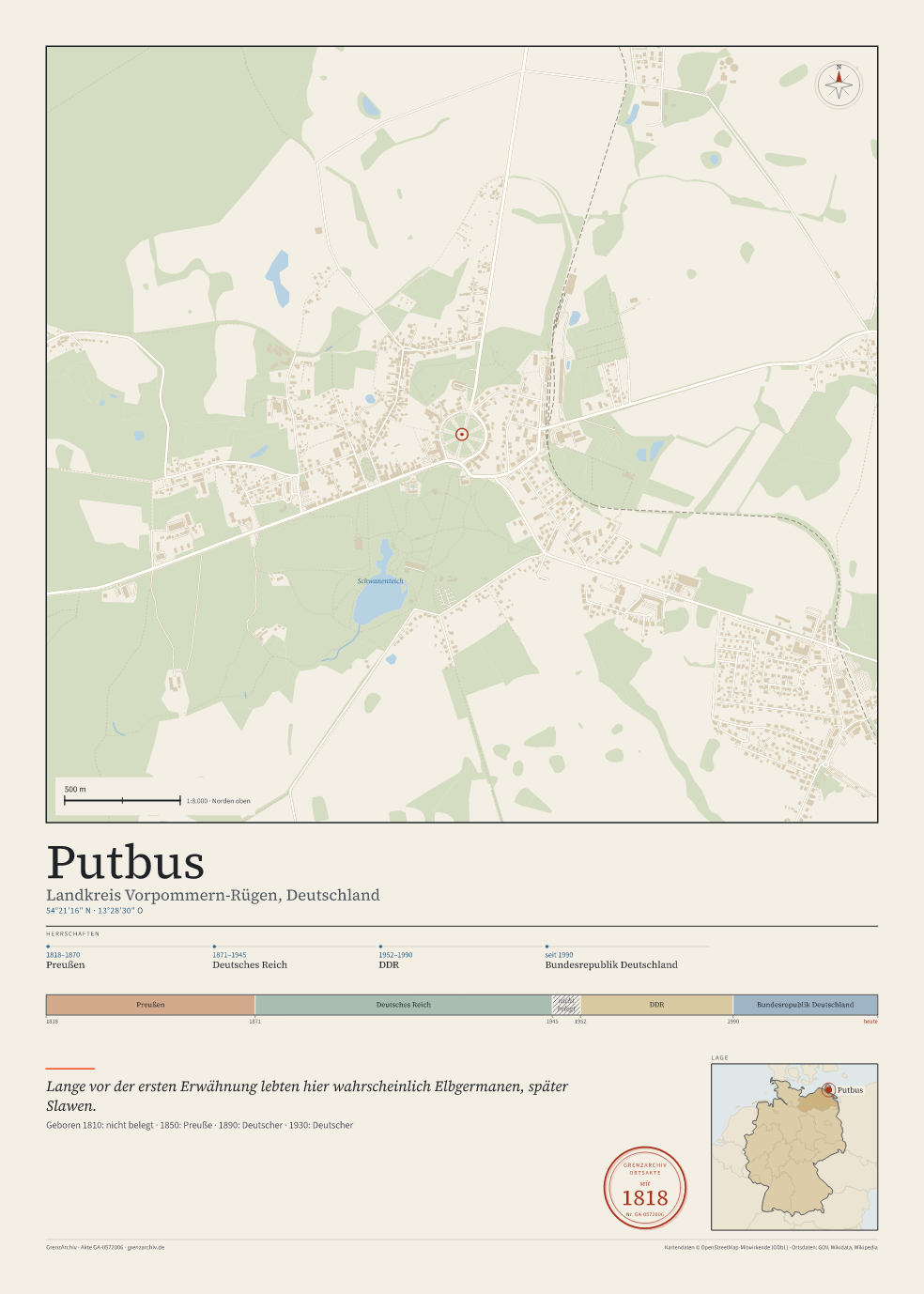 Vorschau des Kartenblatts von Putbus: oben der Stadtplan, unten Ortsname, Koordinaten und die Herrschaften des Ortes