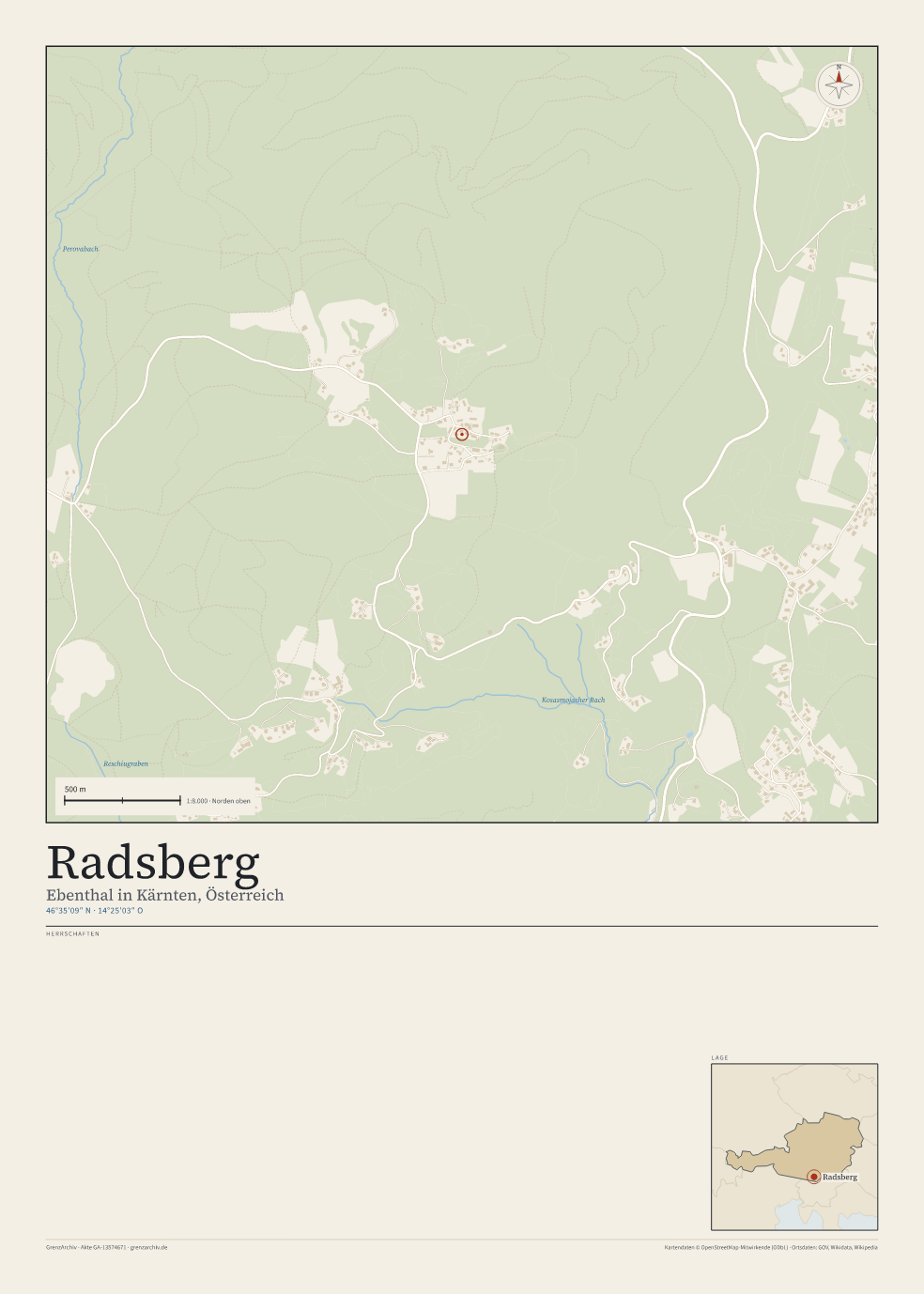 Vorschau des Kartenblatts von Radsberg: oben der Stadtplan, unten Ortsname, Koordinaten und die Herrschaften des Ortes