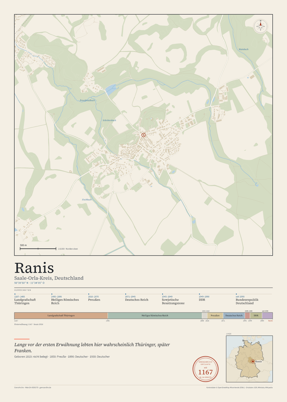 Vorschau des Kartenblatts von Ranis: oben der Stadtplan, unten Ortsname, Koordinaten und die Herrschaften des Ortes