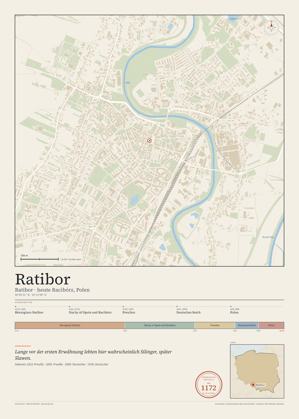 Vorschau des Kartenblatts von Ratibor: oben der Stadtplan, unten Ortsname, Koordinaten und die Herrschaften des Ortes