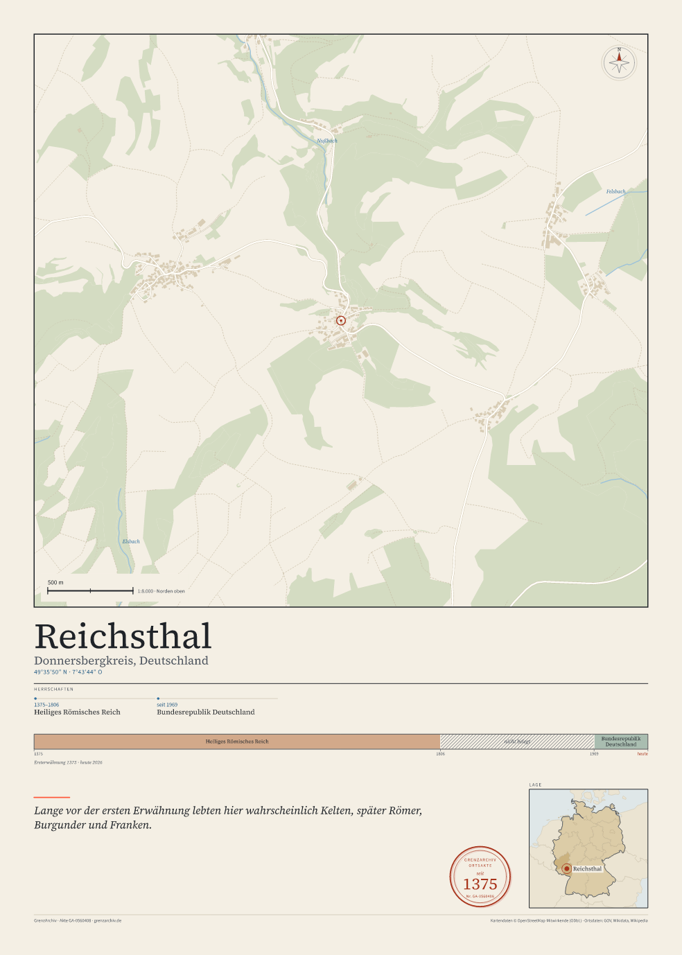 Vorschau des Kartenblatts von Reichsthal: oben der Stadtplan, unten Ortsname, Koordinaten und die Herrschaften des Ortes