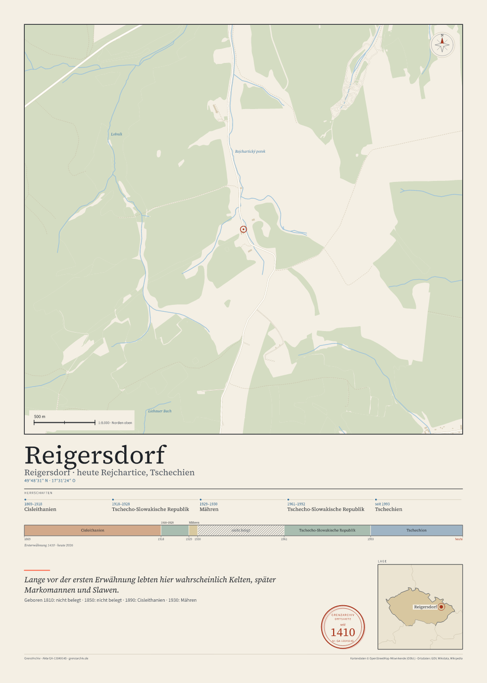Vorschau des Kartenblatts von Reigersdorf: oben der Stadtplan, unten Ortsname, Koordinaten und die Herrschaften des Ortes