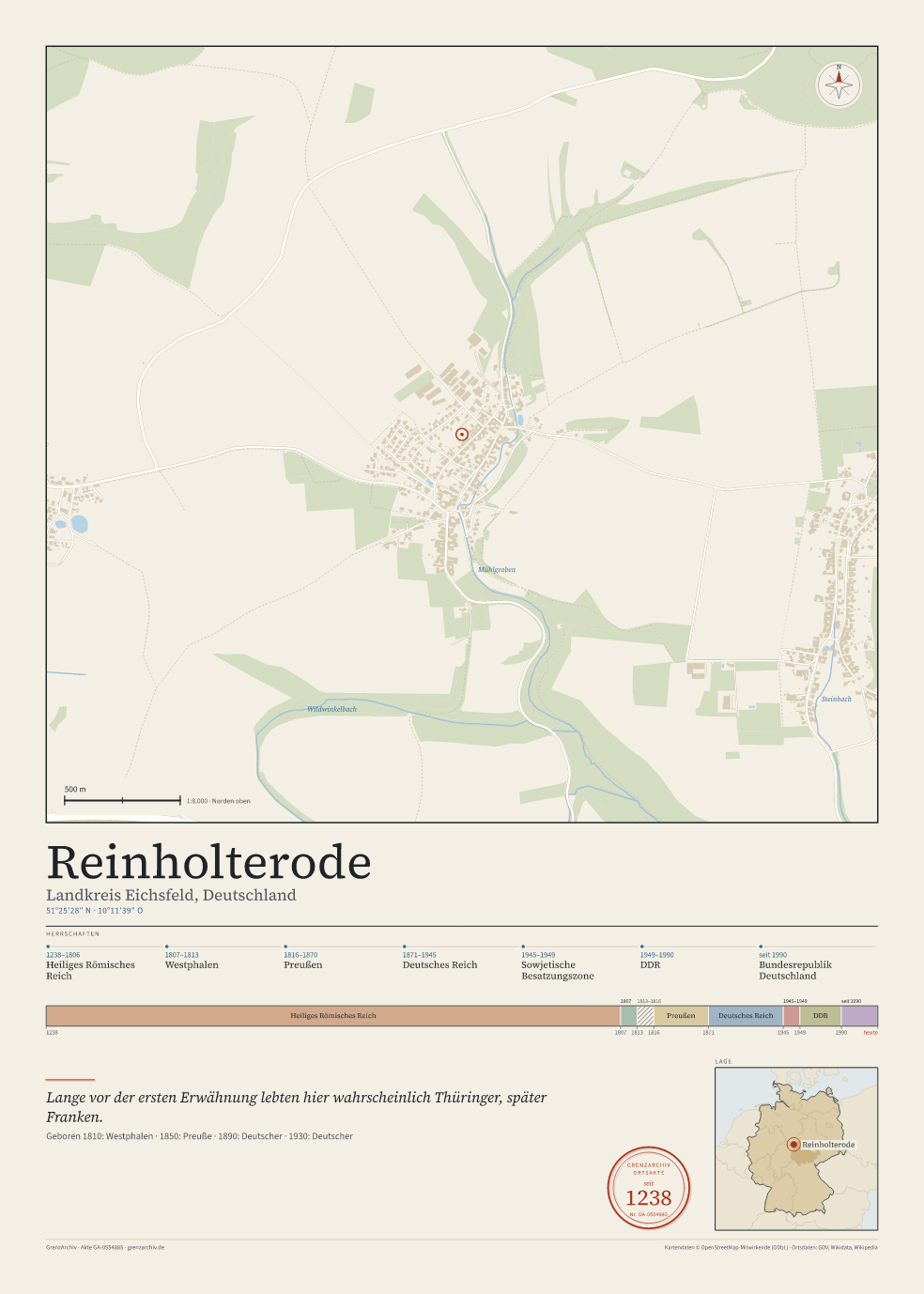 Vorschau des Kartenblatts von Reinholterode: oben der Stadtplan, unten Ortsname, Koordinaten und die Herrschaften des Ortes