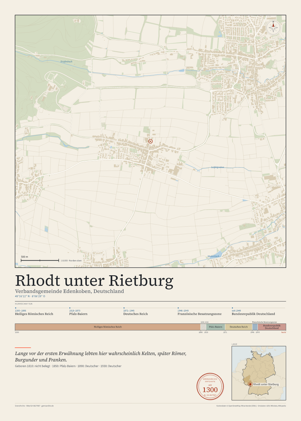 Vorschau des Kartenblatts von Rhodt unter Rietburg: oben der Stadtplan, unten Ortsname, Koordinaten und die Herrschaften des Ortes