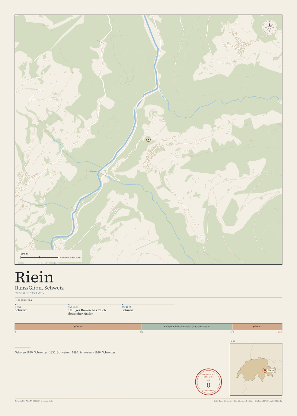 Vorschau des Kartenblatts von Riein: oben der Stadtplan, unten Ortsname, Koordinaten und die Herrschaften des Ortes