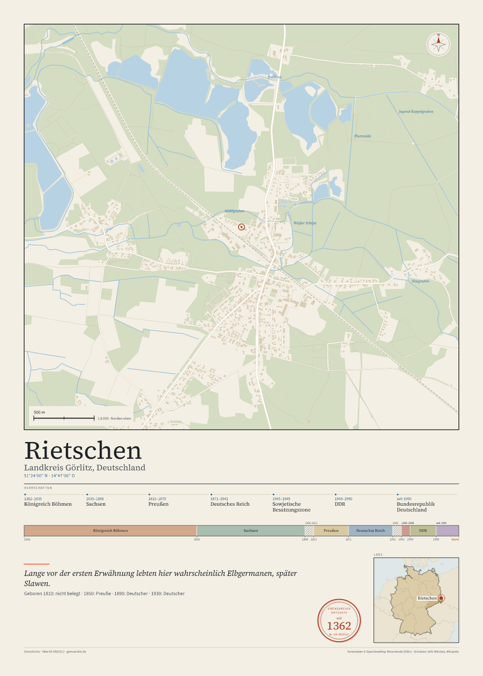 Vorschau des Kartenblatts von Rietschen: oben der Stadtplan, unten Ortsname, Koordinaten und die Herrschaften des Ortes