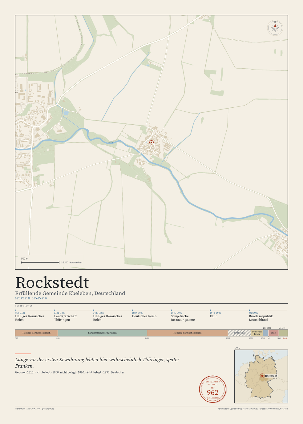 Vorschau des Kartenblatts von Rockstedt: oben der Stadtplan, unten Ortsname, Koordinaten und die Herrschaften des Ortes