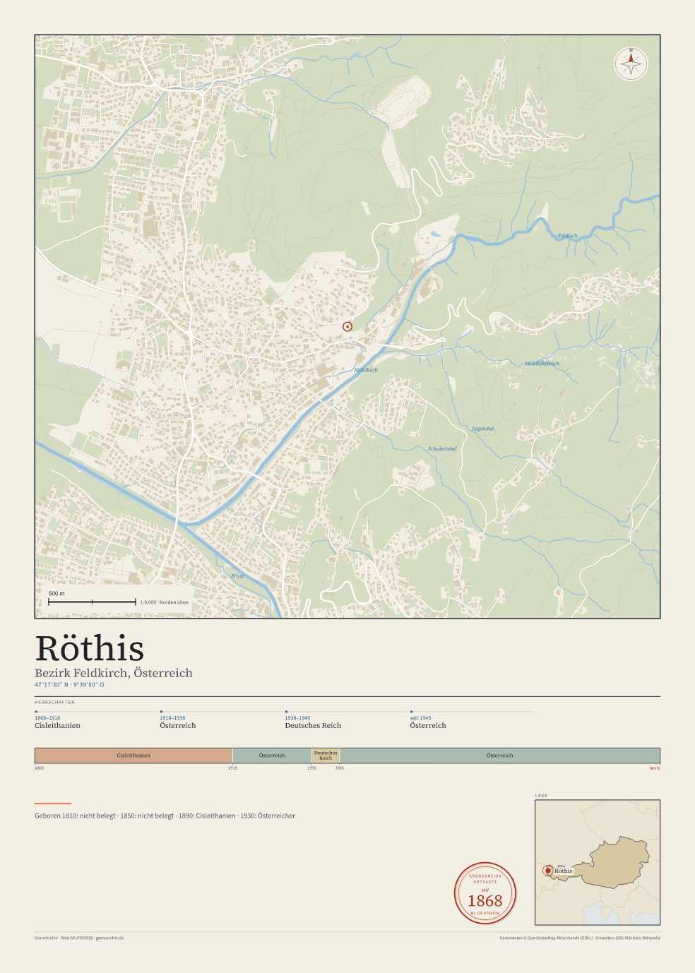 Vorschau des Kartenblatts von Röthis: oben der Stadtplan, unten Ortsname, Koordinaten und die Herrschaften des Ortes