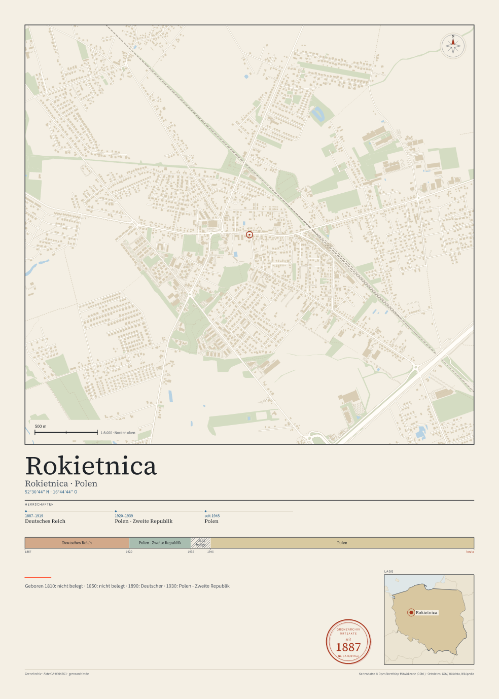 Vorschau des Kartenblatts von Rokietnica: oben der Stadtplan, unten Ortsname, Koordinaten und die Herrschaften des Ortes