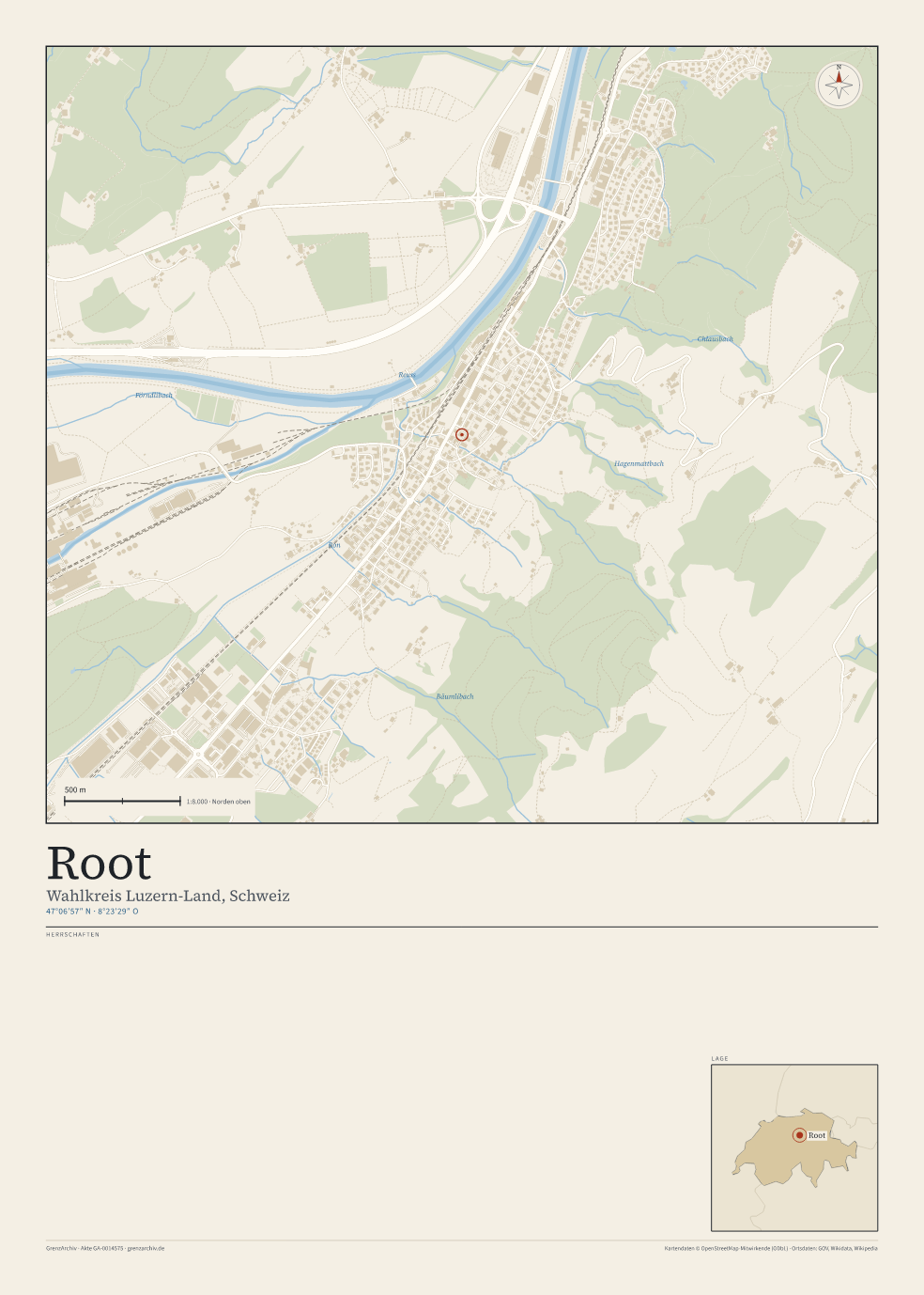 Vorschau des Kartenblatts von Root: oben der Stadtplan, unten Ortsname, Koordinaten und die Herrschaften des Ortes