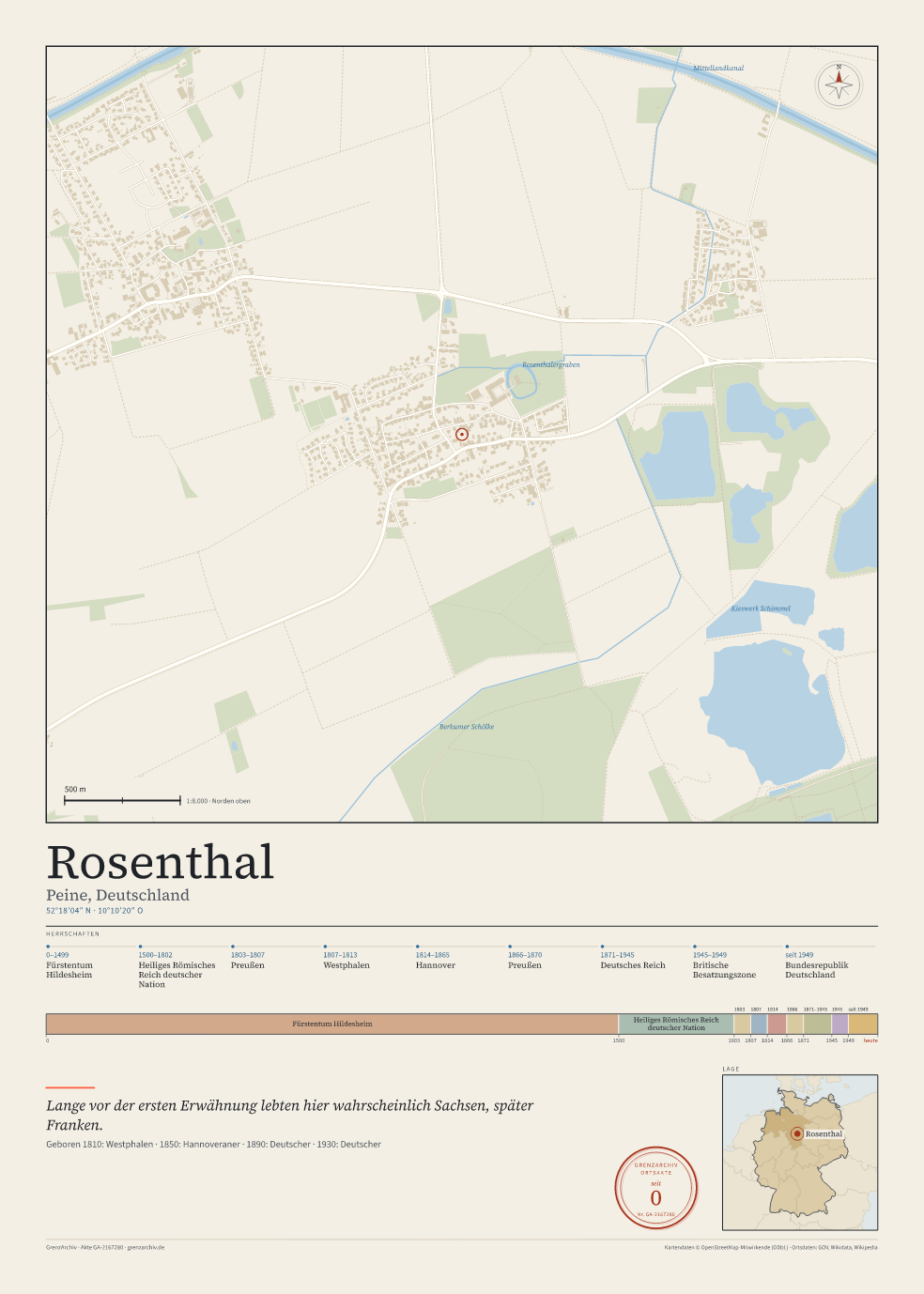 Vorschau des Kartenblatts von Rosenthal: oben der Stadtplan, unten Ortsname, Koordinaten und die Herrschaften des Ortes