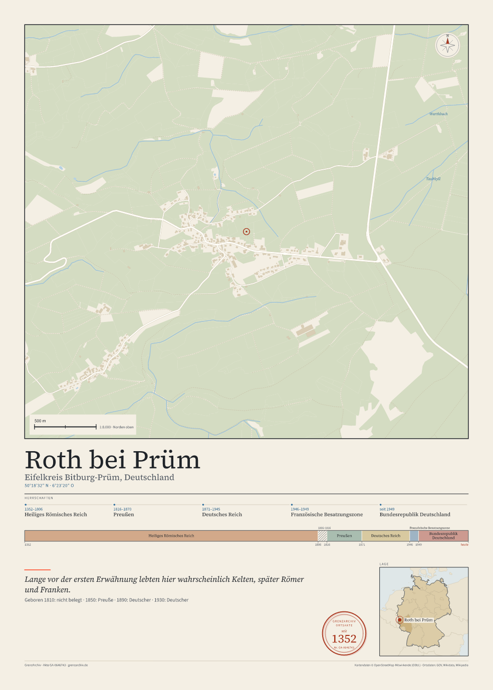 Vorschau des Kartenblatts von Roth bei Prüm: oben der Stadtplan, unten Ortsname, Koordinaten und die Herrschaften des Ortes