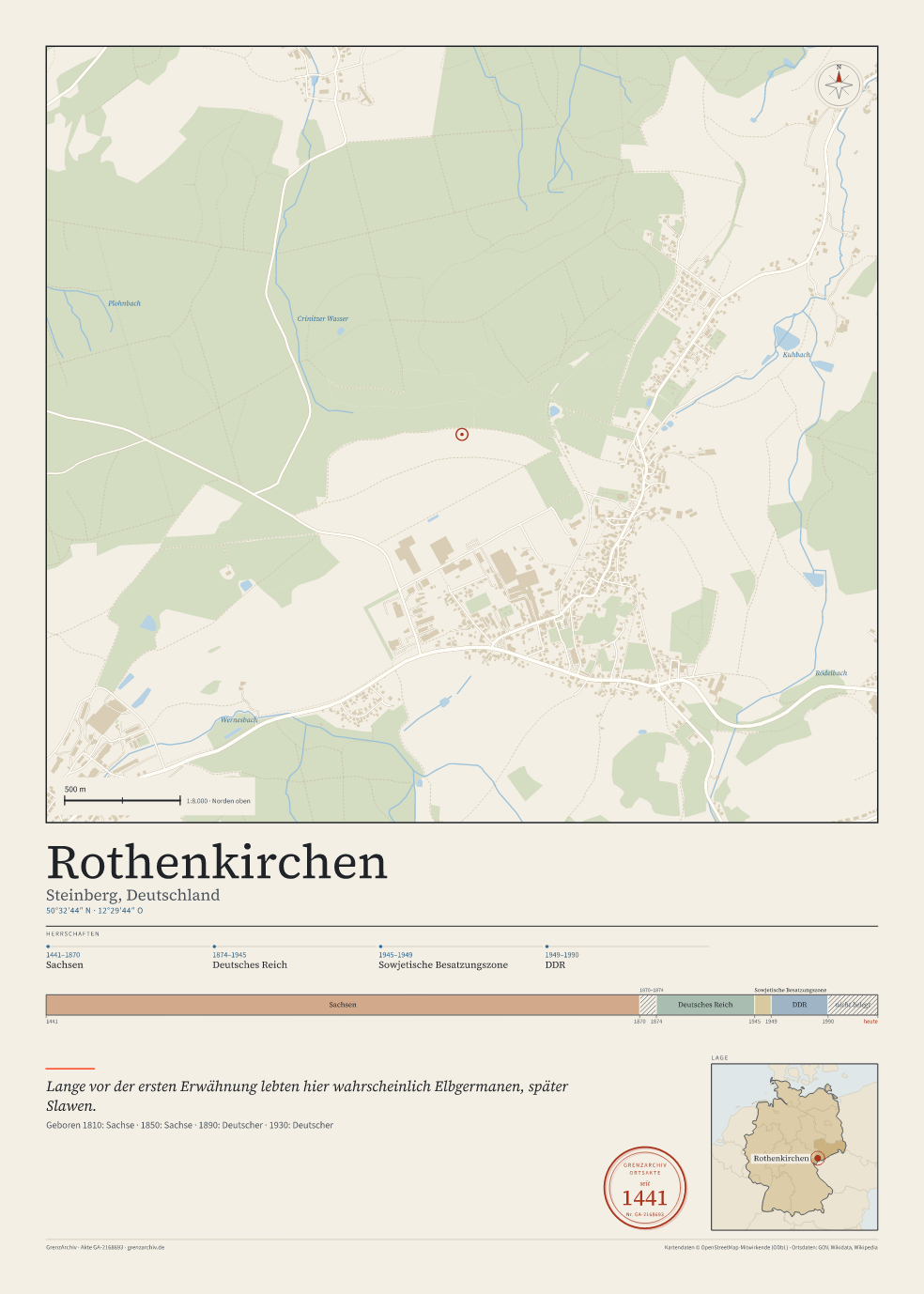 Vorschau des Kartenblatts von Rothenkirchen: oben der Stadtplan, unten Ortsname, Koordinaten und die Herrschaften des Ortes
