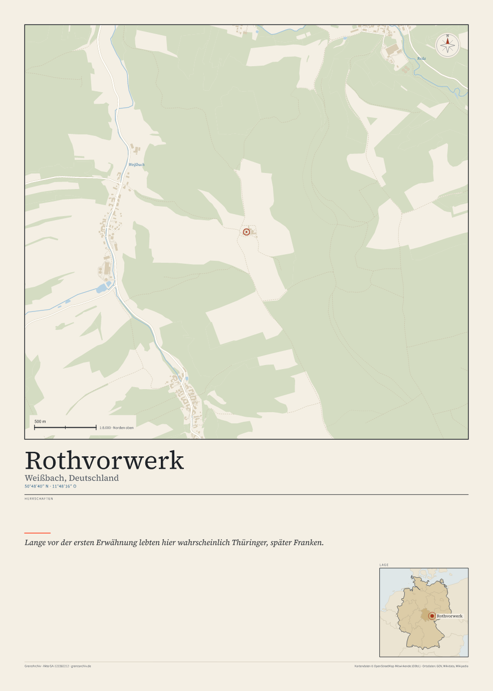 Vorschau des Kartenblatts von Rothvorwerk: oben der Stadtplan, unten Ortsname, Koordinaten und die Herrschaften des Ortes