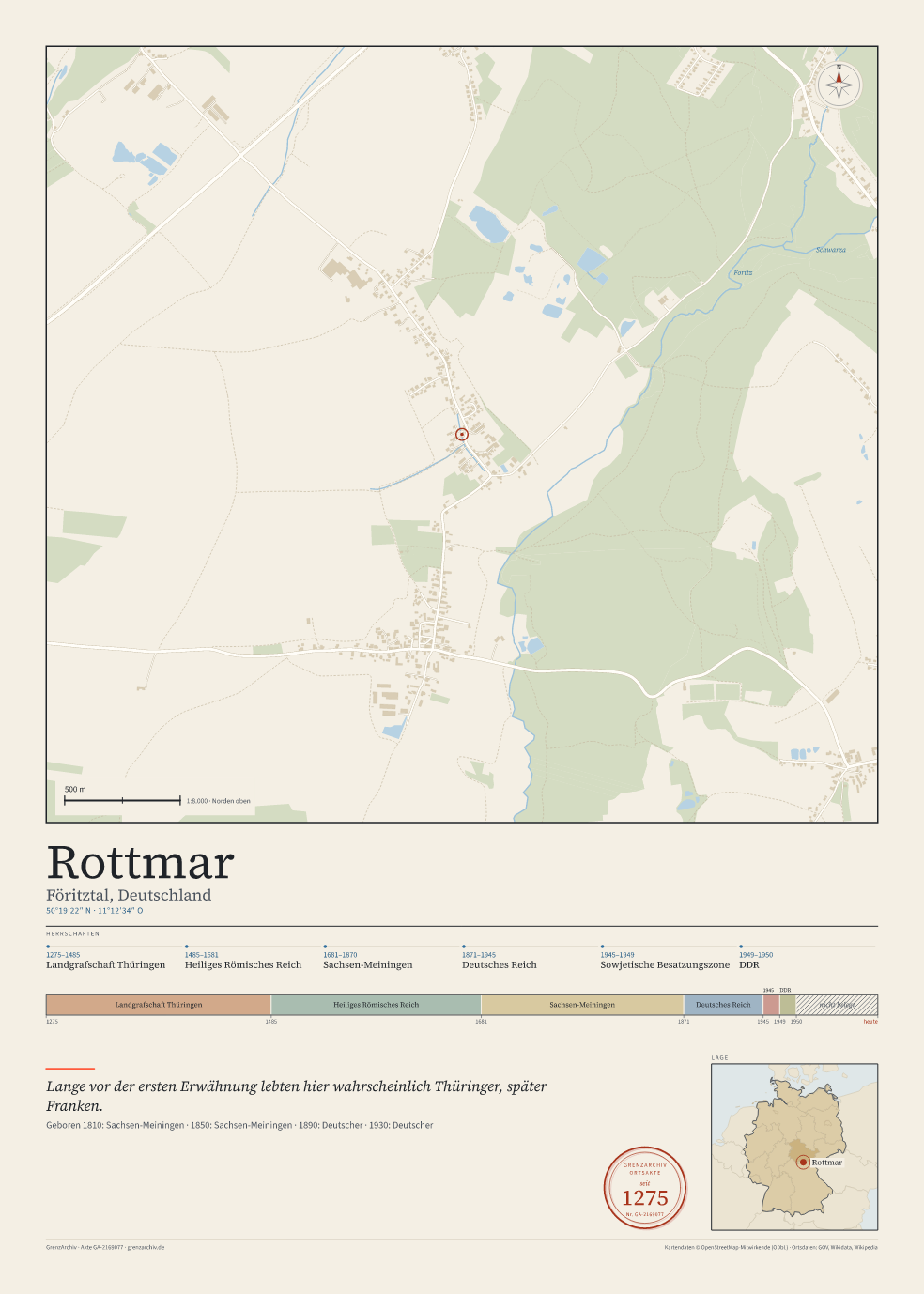 Vorschau des Kartenblatts von Rottmar: oben der Stadtplan, unten Ortsname, Koordinaten und die Herrschaften des Ortes