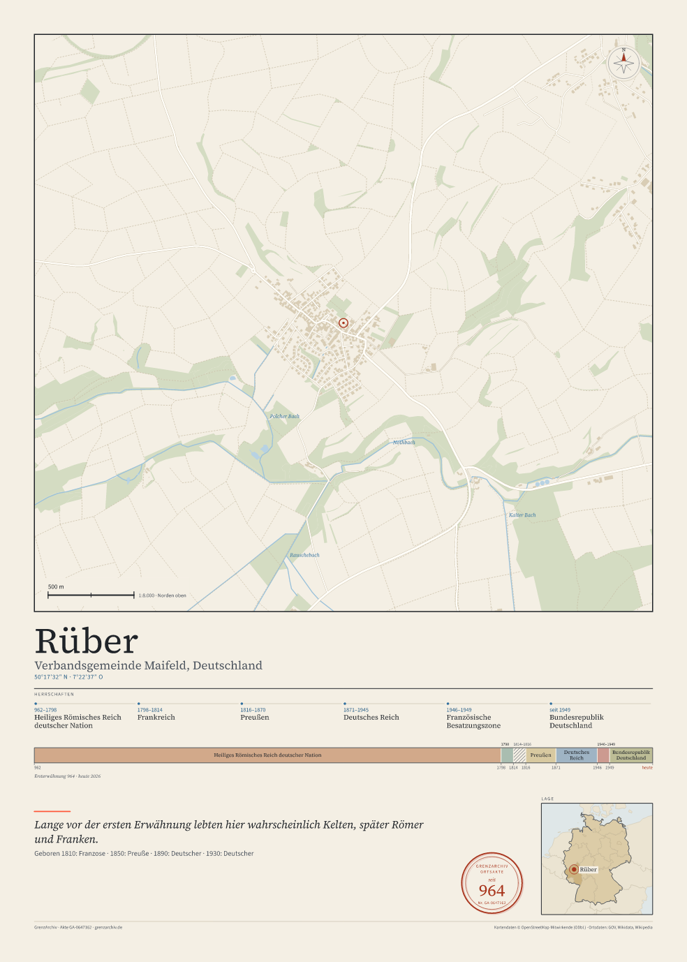 Vorschau des Kartenblatts von Rüber: oben der Stadtplan, unten Ortsname, Koordinaten und die Herrschaften des Ortes