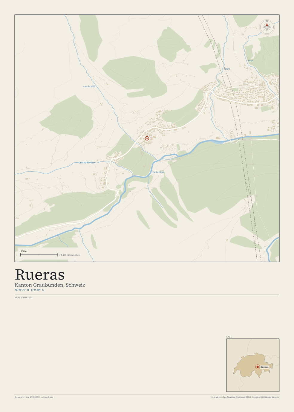 Vorschau des Kartenblatts von Rueras: oben der Stadtplan, unten Ortsname, Koordinaten und die Herrschaften des Ortes