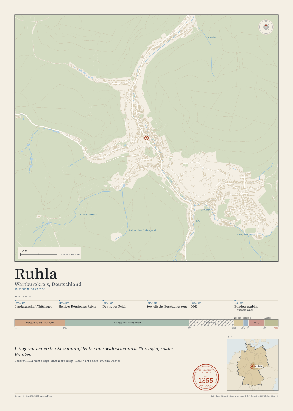 Vorschau des Kartenblatts von Ruhla: oben der Stadtplan, unten Ortsname, Koordinaten und die Herrschaften des Ortes