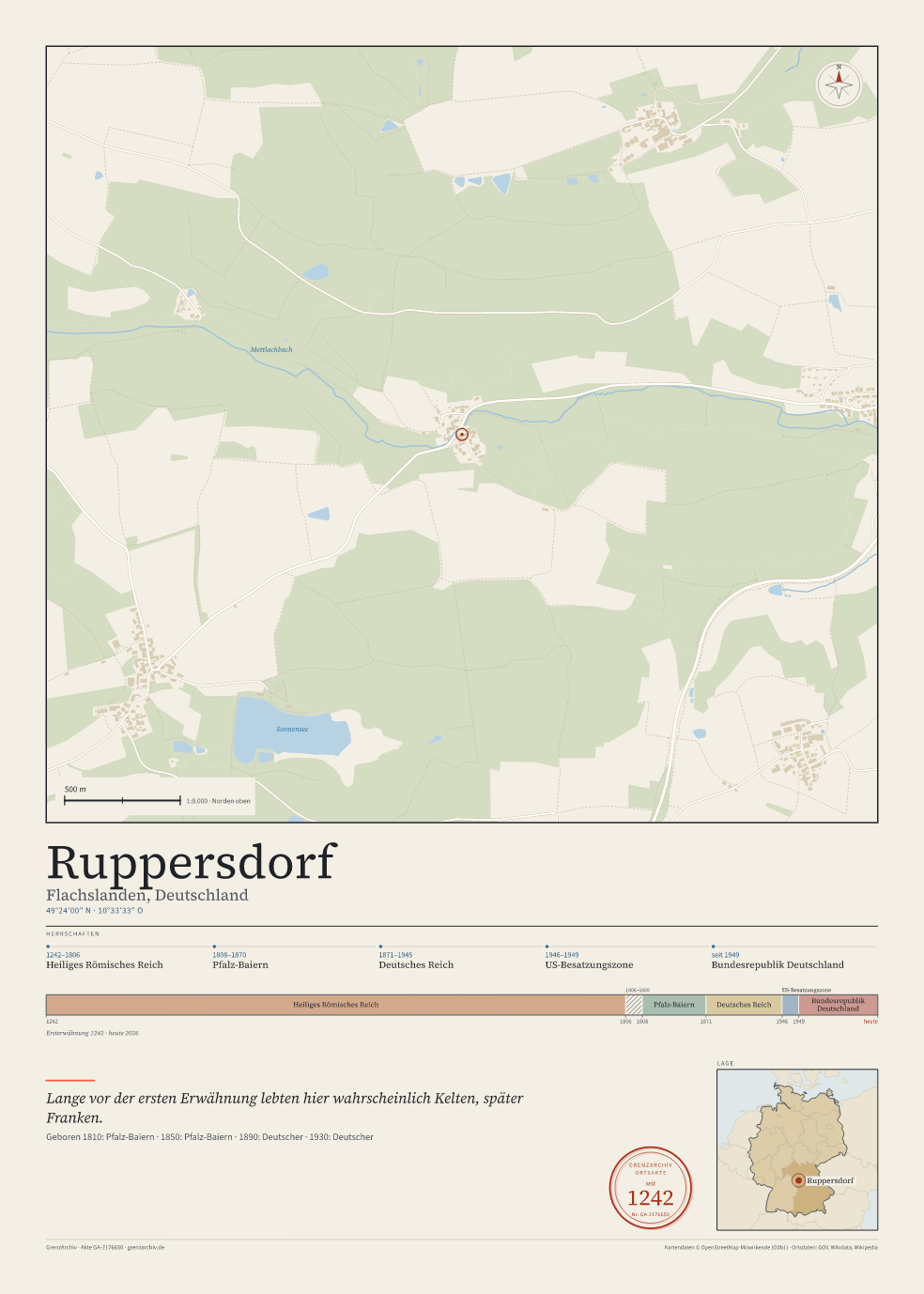 Vorschau des Kartenblatts von Ruppersdorf: oben der Stadtplan, unten Ortsname, Koordinaten und die Herrschaften des Ortes