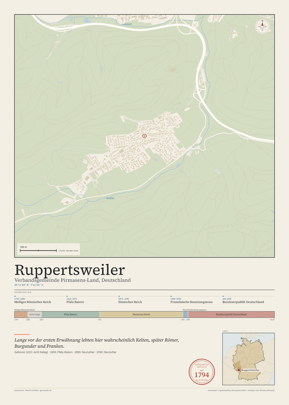 Vorschau des Kartenblatts von Ruppertsweiler: oben der Stadtplan, unten Ortsname, Koordinaten und die Herrschaften des Ortes