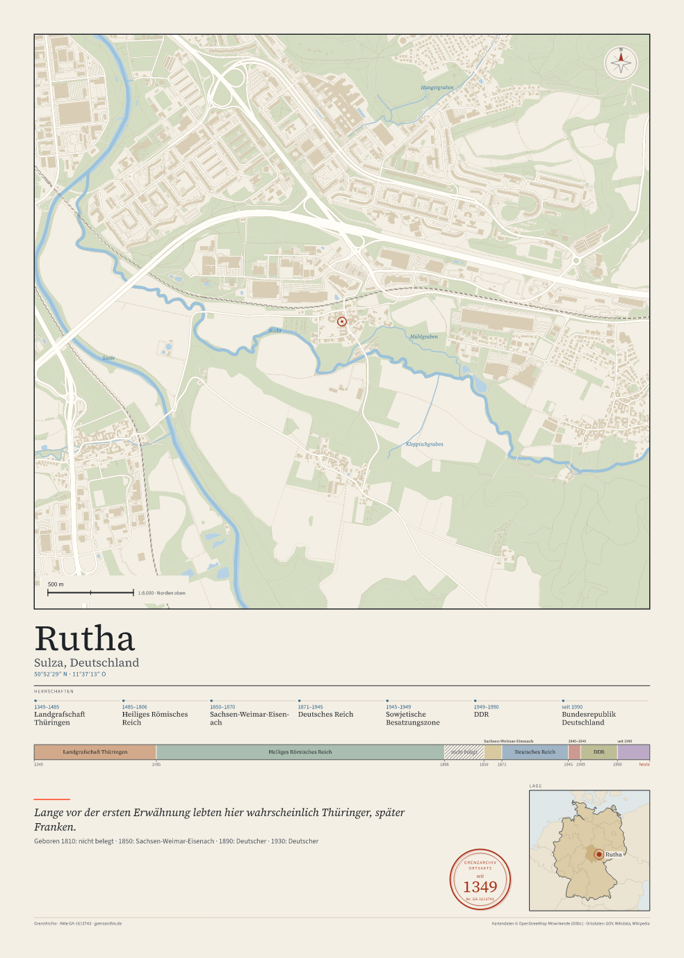 Vorschau des Kartenblatts von Rutha: oben der Stadtplan, unten Ortsname, Koordinaten und die Herrschaften des Ortes