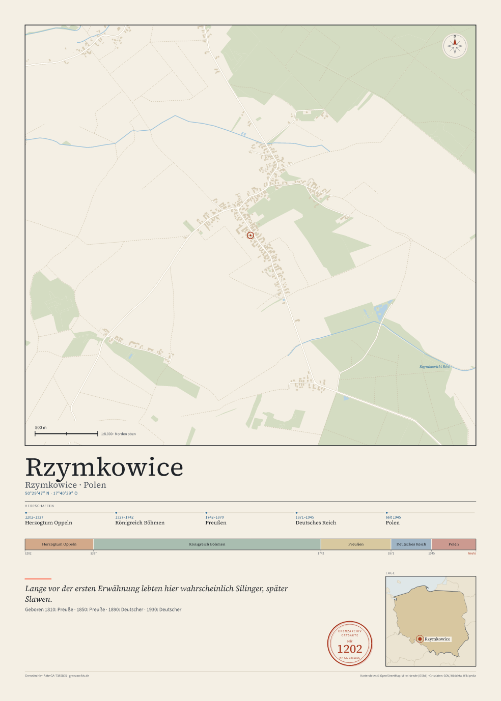 Vorschau des Kartenblatts von Rzymkowice: oben der Stadtplan, unten Ortsname, Koordinaten und die Herrschaften des Ortes