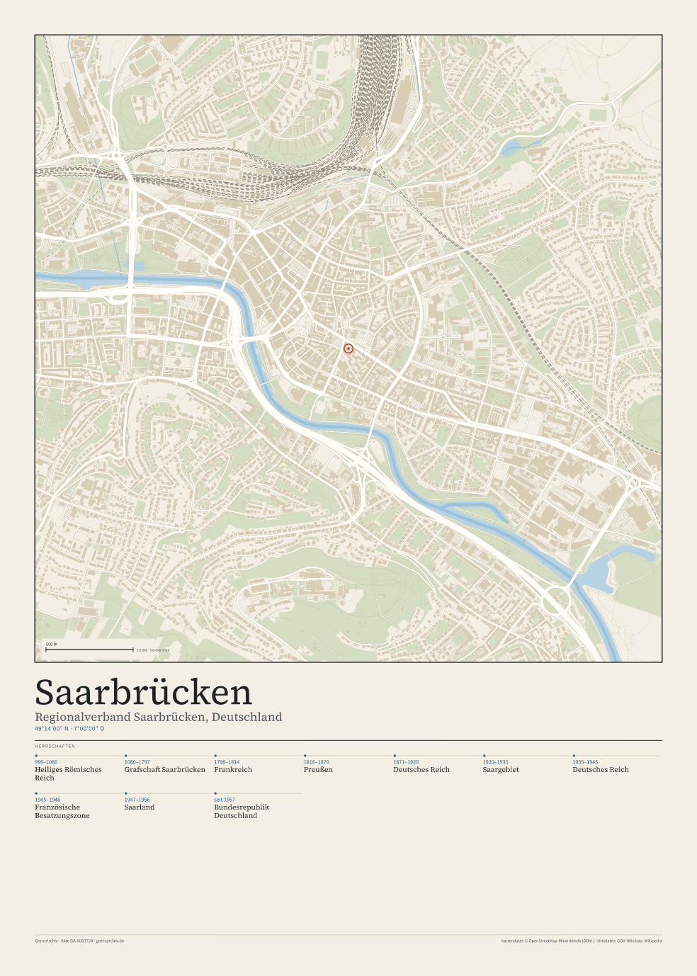 Vorschau des Stadtplan-Posters von Saarbrücken: oben der Stadtplan, unten Ortsname, Koordinaten und die Herrschaften des Ortes